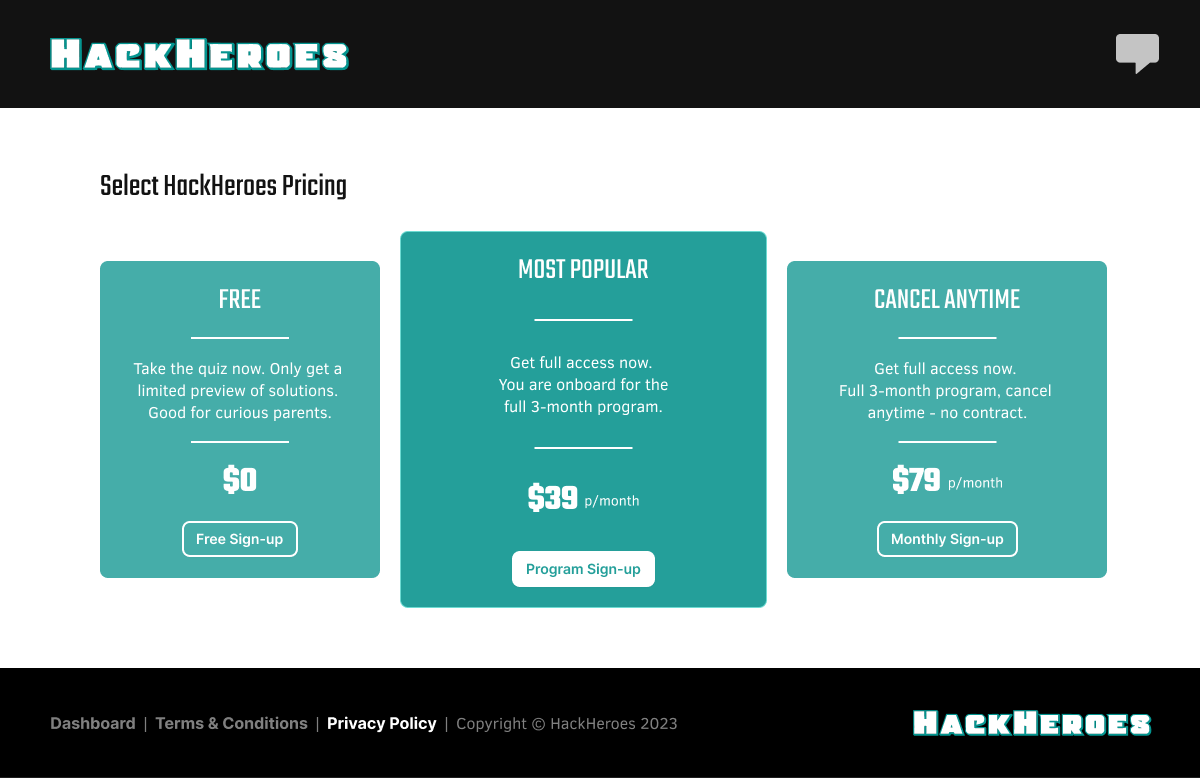 HackHeroes subscription pricing screen with Free, Most Popular, and Cancel Anytime tiers